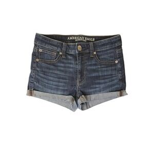 American Eagle Hi Rise Shortie Denim Shorts Dark Wash Size 2 Cuffed Stretch